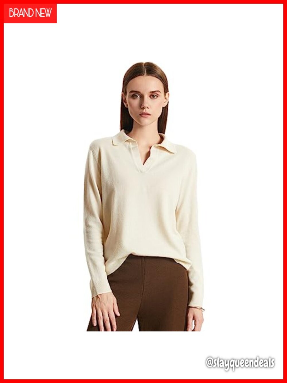 Cashmere Oversize Polo Sweater Pullover Long Sleeve V-Neck